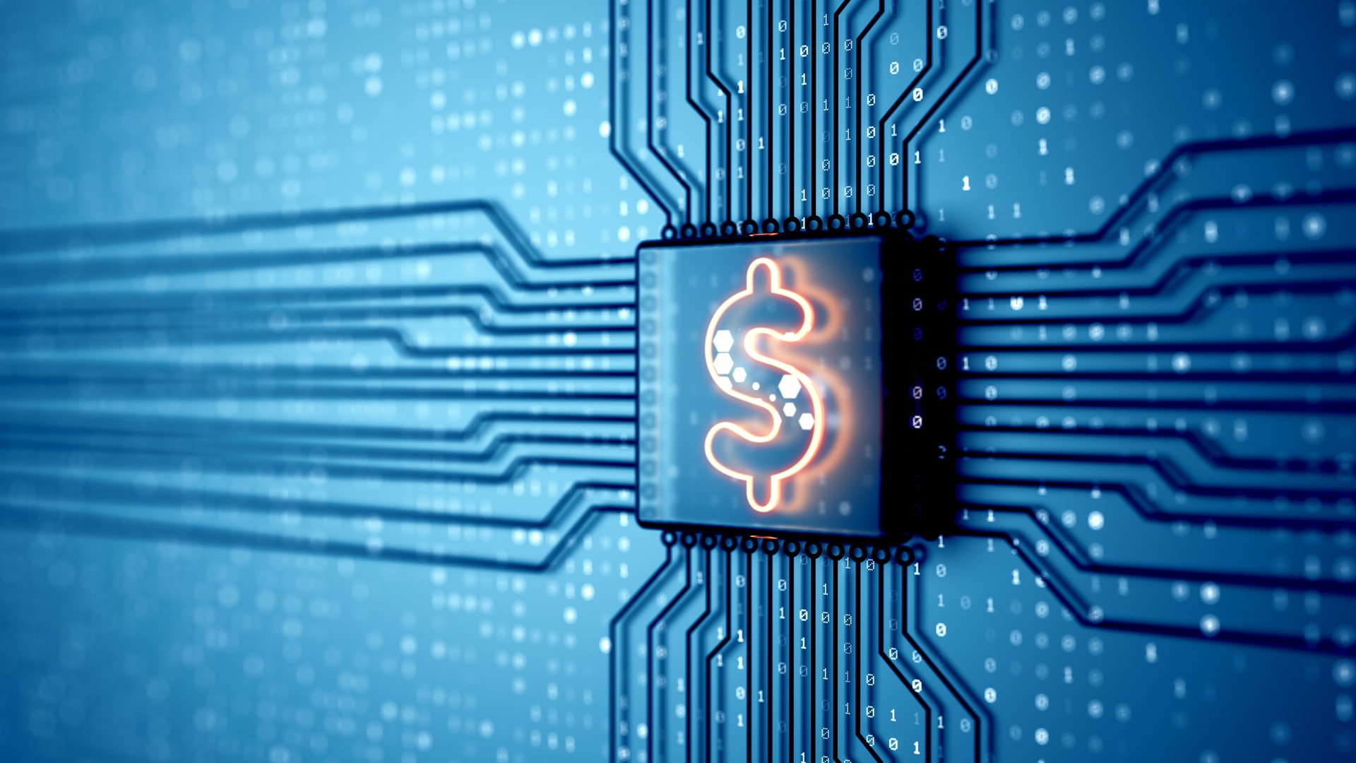 Electronic quantum computer microchip with US dollar sign glowing